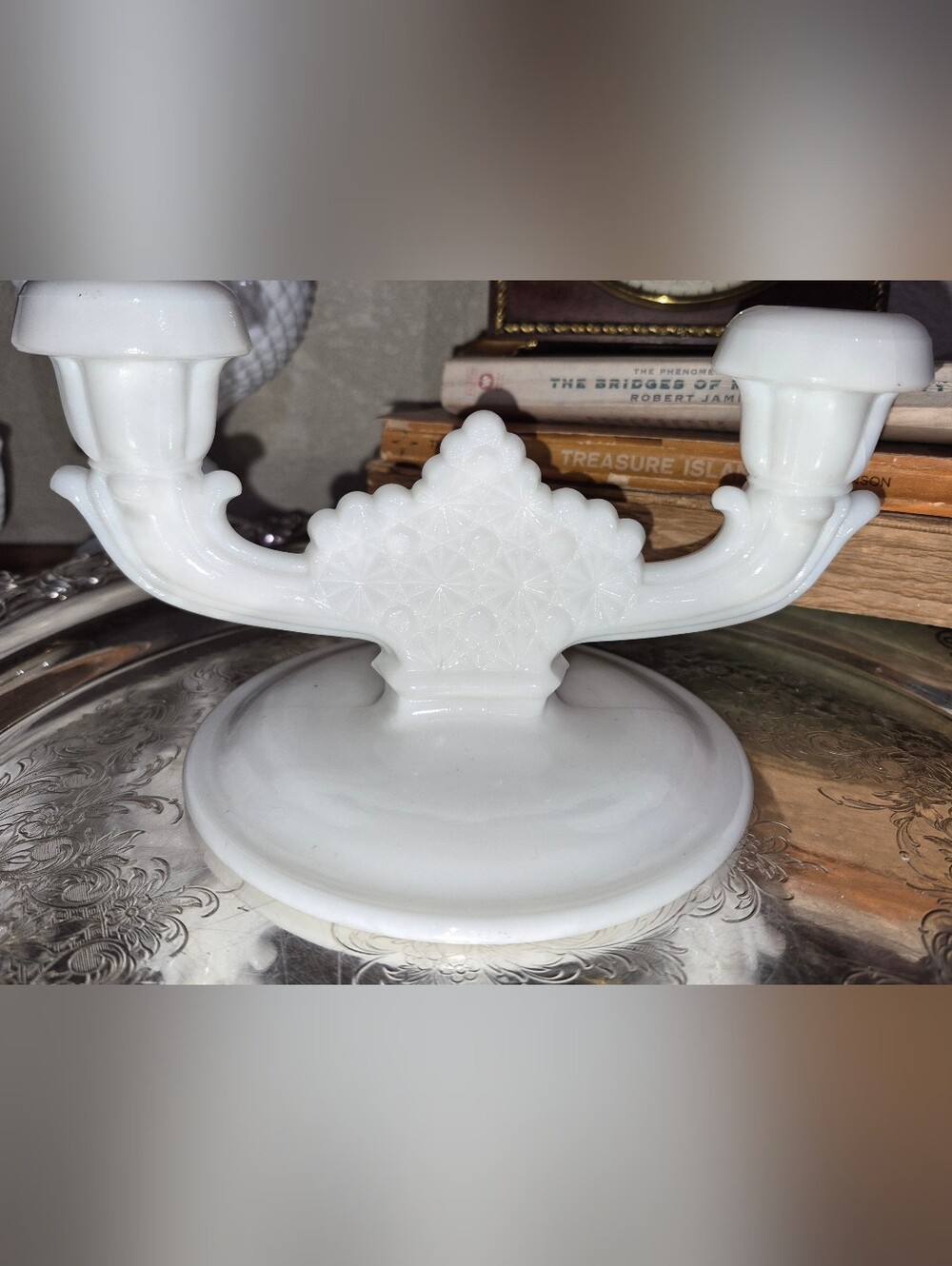 Vintage Fenton milk glass double candle holder in the Daisy and Button pattern